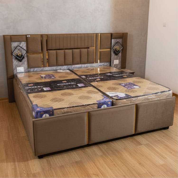 Coffee King Size Bed with Designer Headboard and Storage